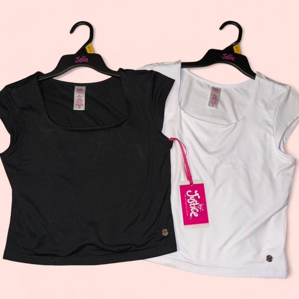 Set of 2 Kids White & Black Justice baby tees. Size L (12/14) NWT